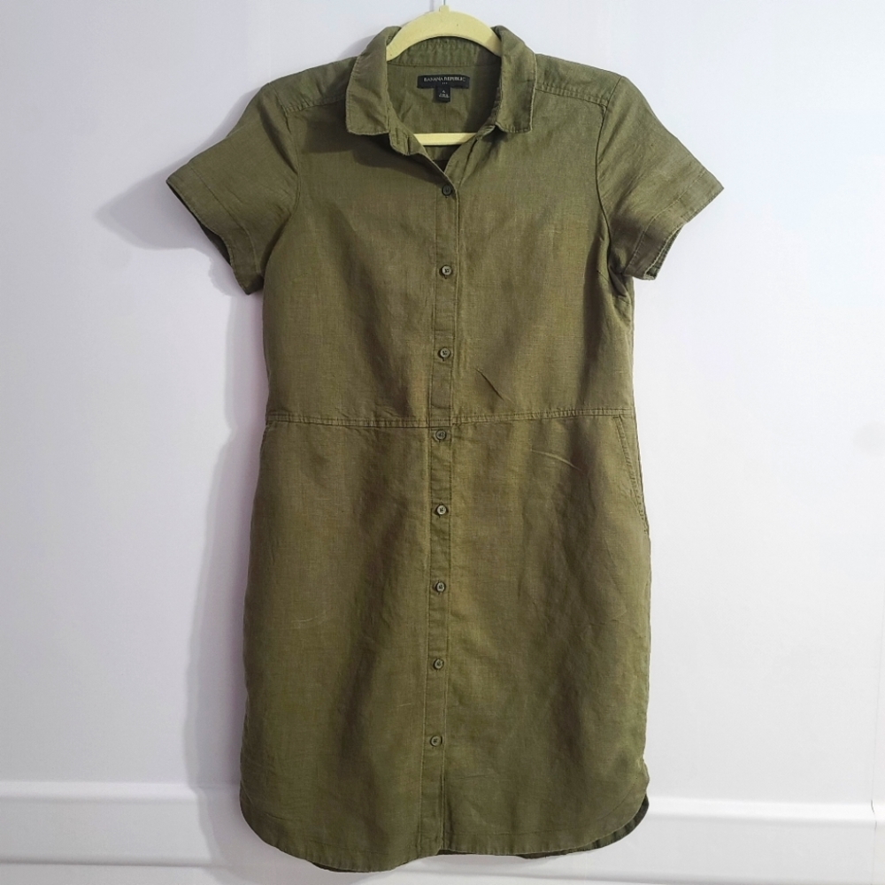 Banana Republic Tunic Shirt Dress Button Up with Collar Olive Green Size 6